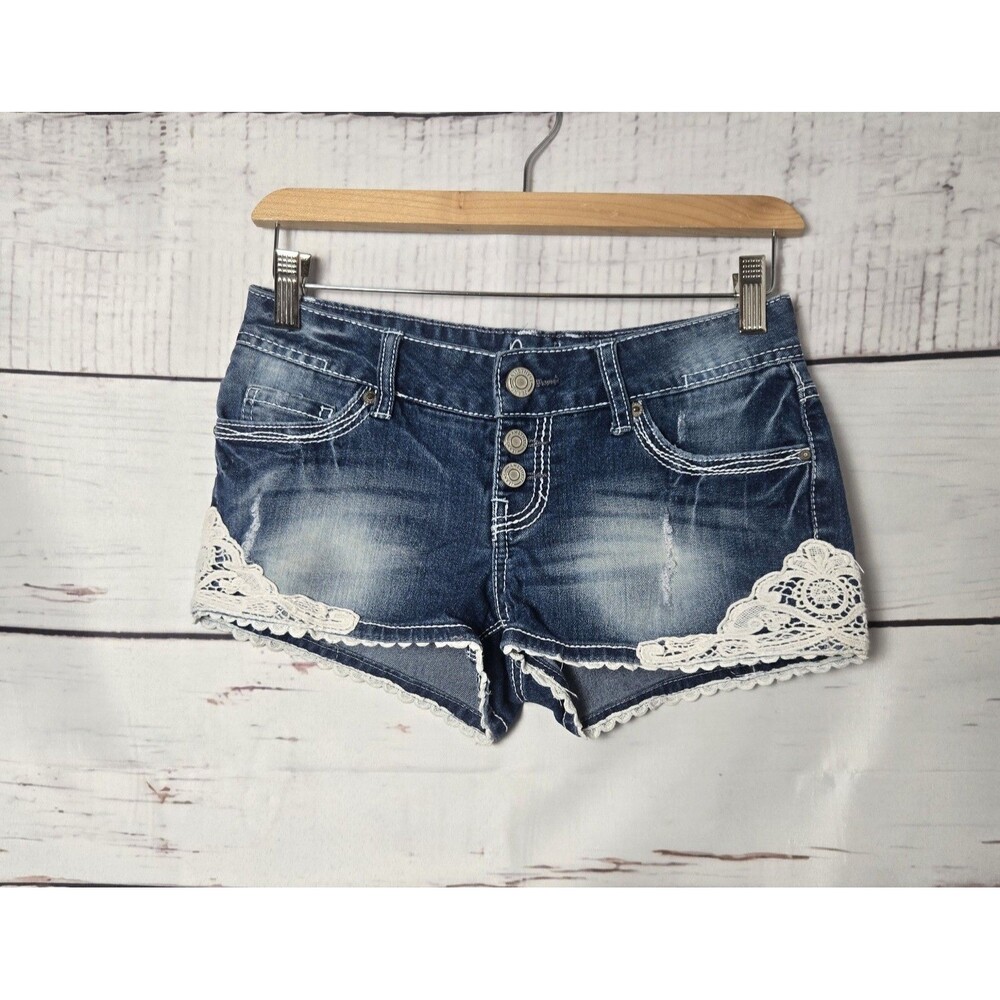 Amethyst Womens Shorts Size 3 Denim Denim Button Fly White Crochet Lace Trim
